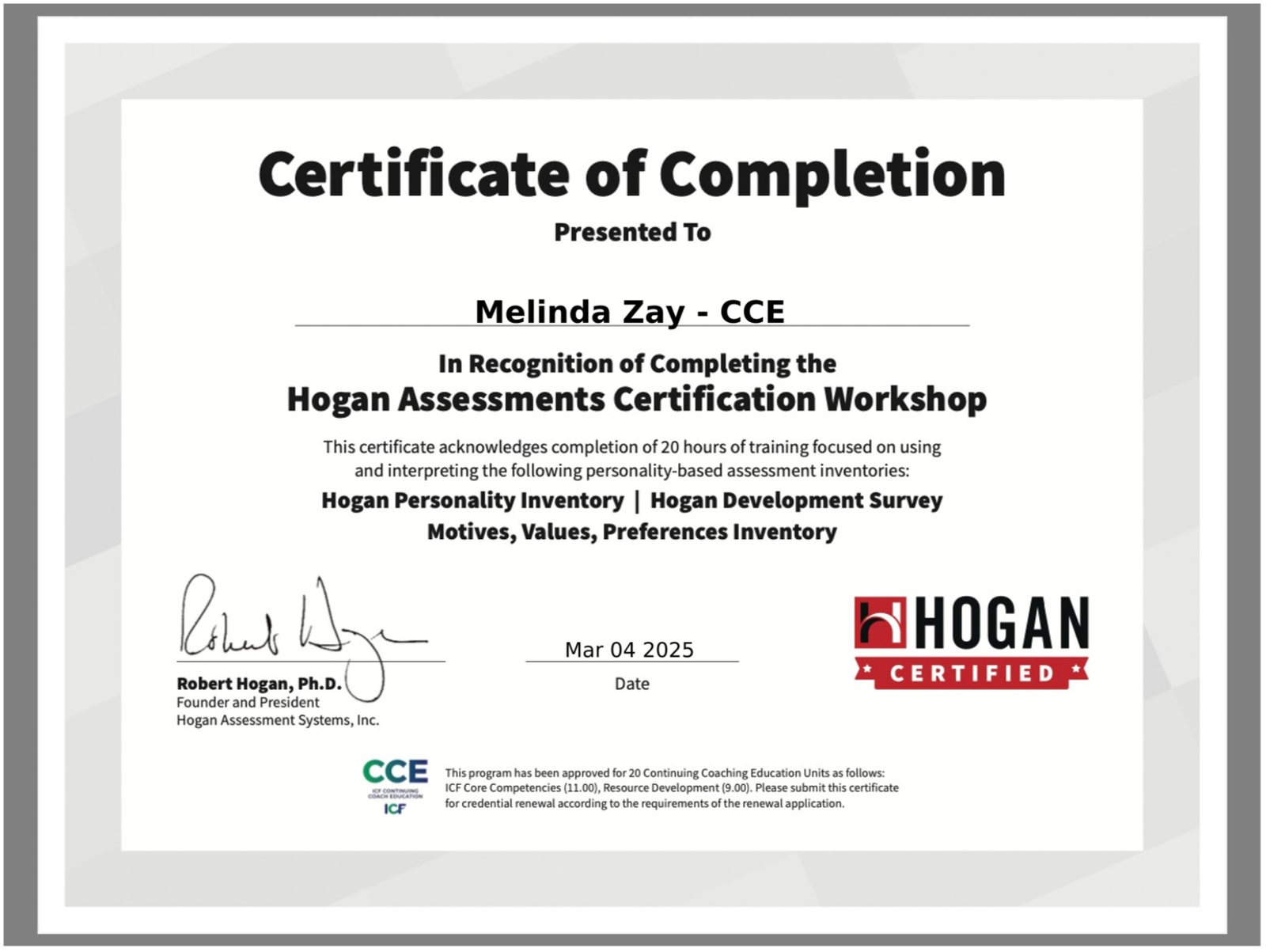 HOGAN Personality Assessor Certificate